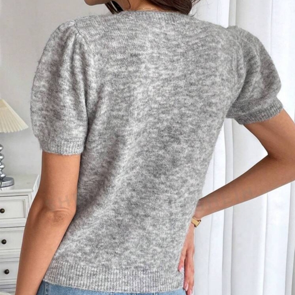 SHEIN Frenchy Heart Pattern Casual Round Neck Short Sleeve Knit Sweater Top - Picture 2 of 7